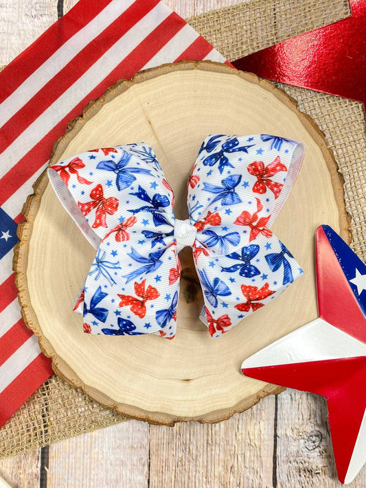 Red White & Blue Bow Print Classic Hair Bow | Clip