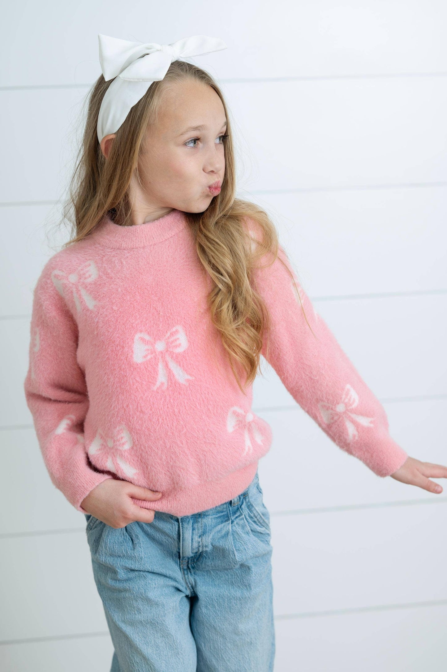 Adorable Sweetness - Girls Fall Winter Pink and White Bow Sweater