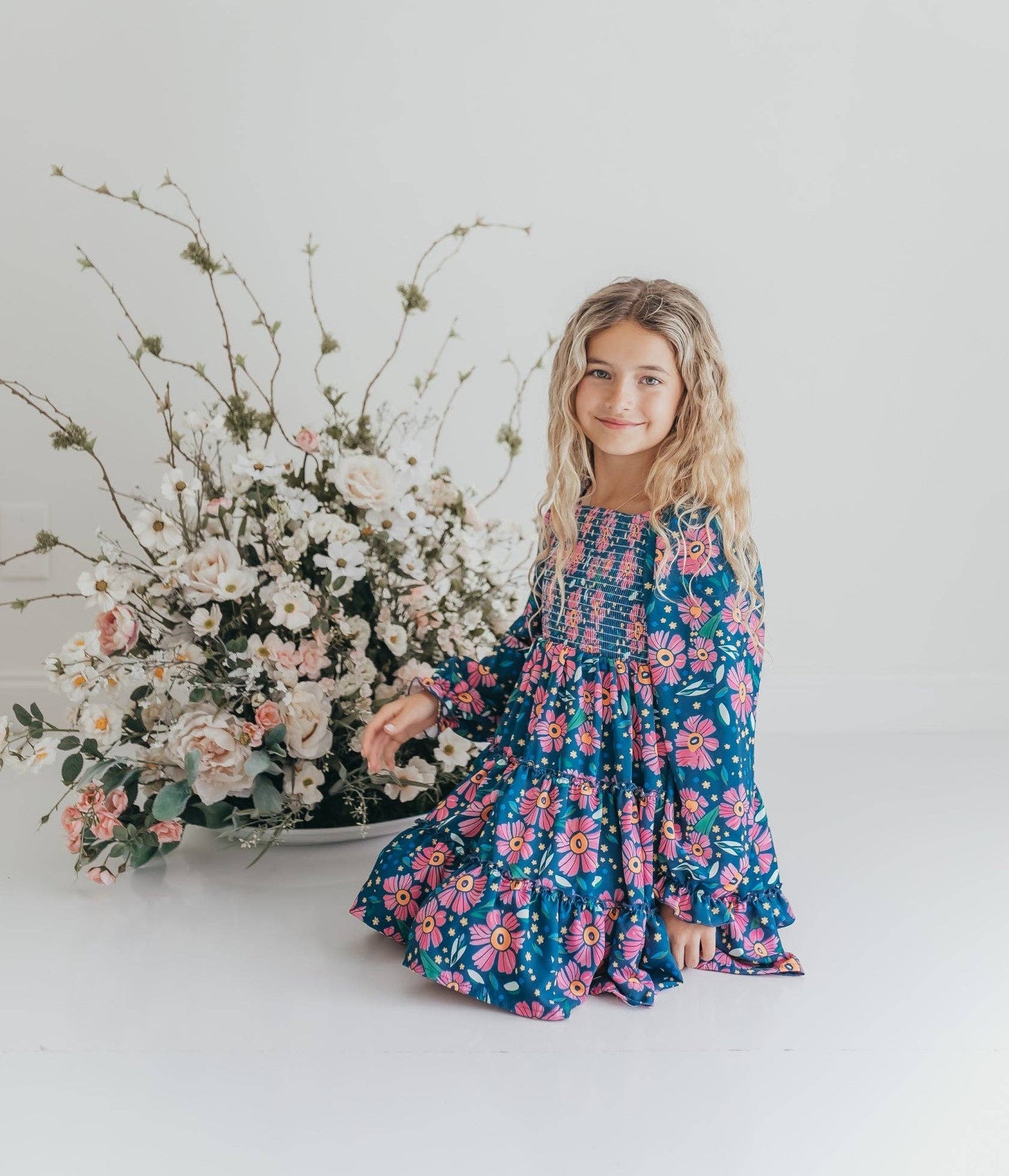 Oopsie Daisy - Girls Grace Blue & Pink Flower 3 Tiered Smocked Dress