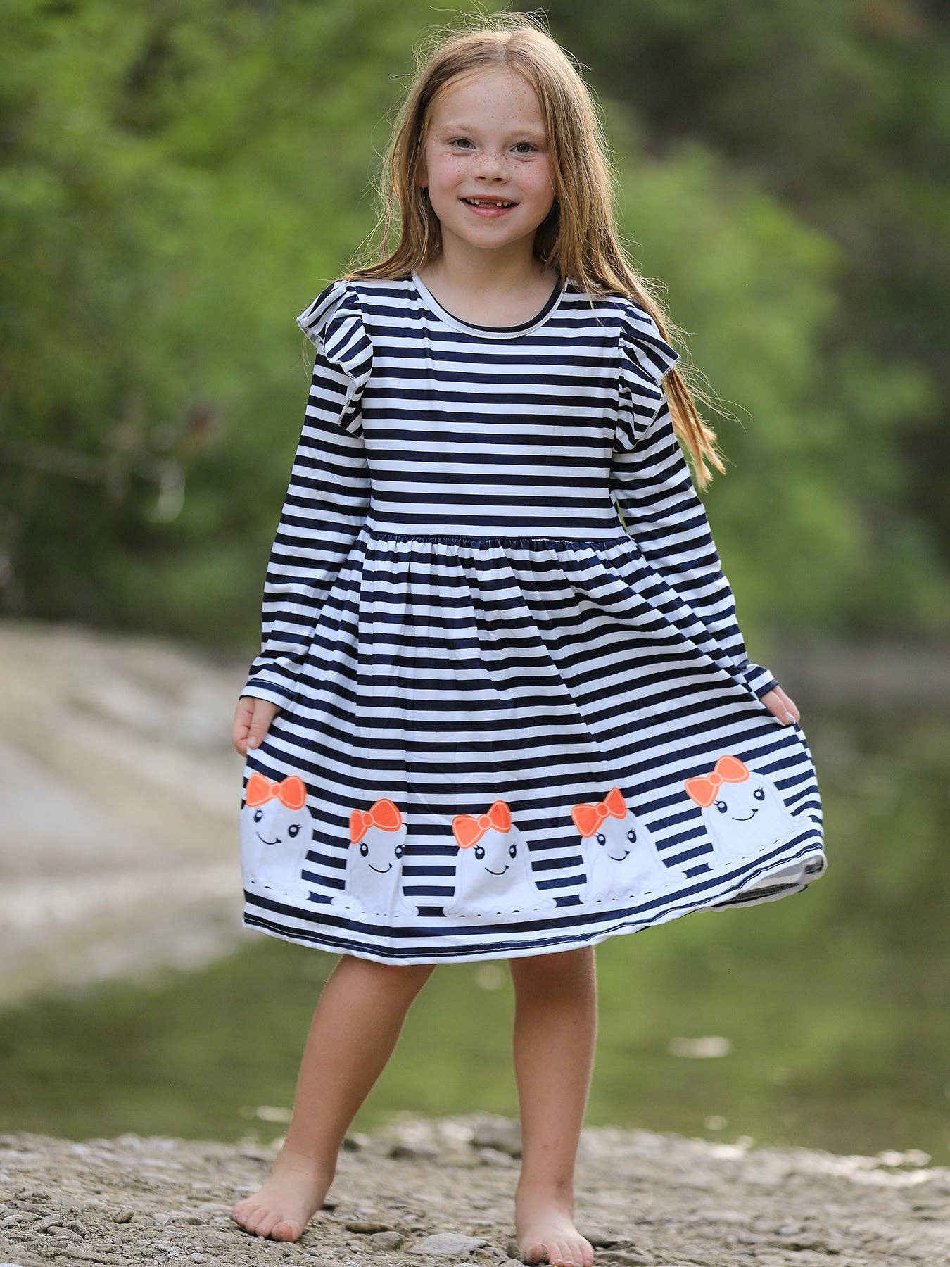 Rylee Faith Designs - Halloween Black and White Striped Print Girls Dress