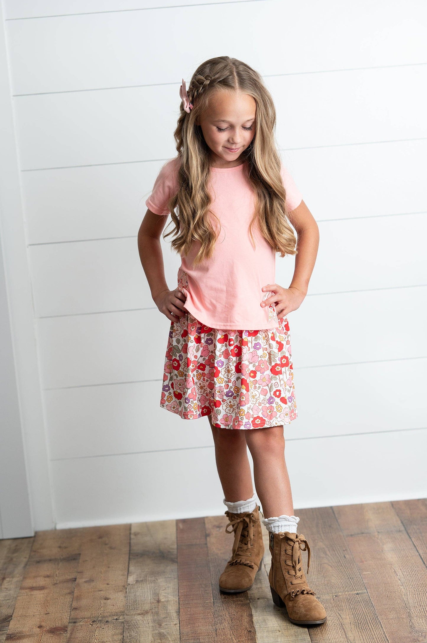 Adorable Sweetness - Girls Peach Floral Bow Spring Summer Skort Set