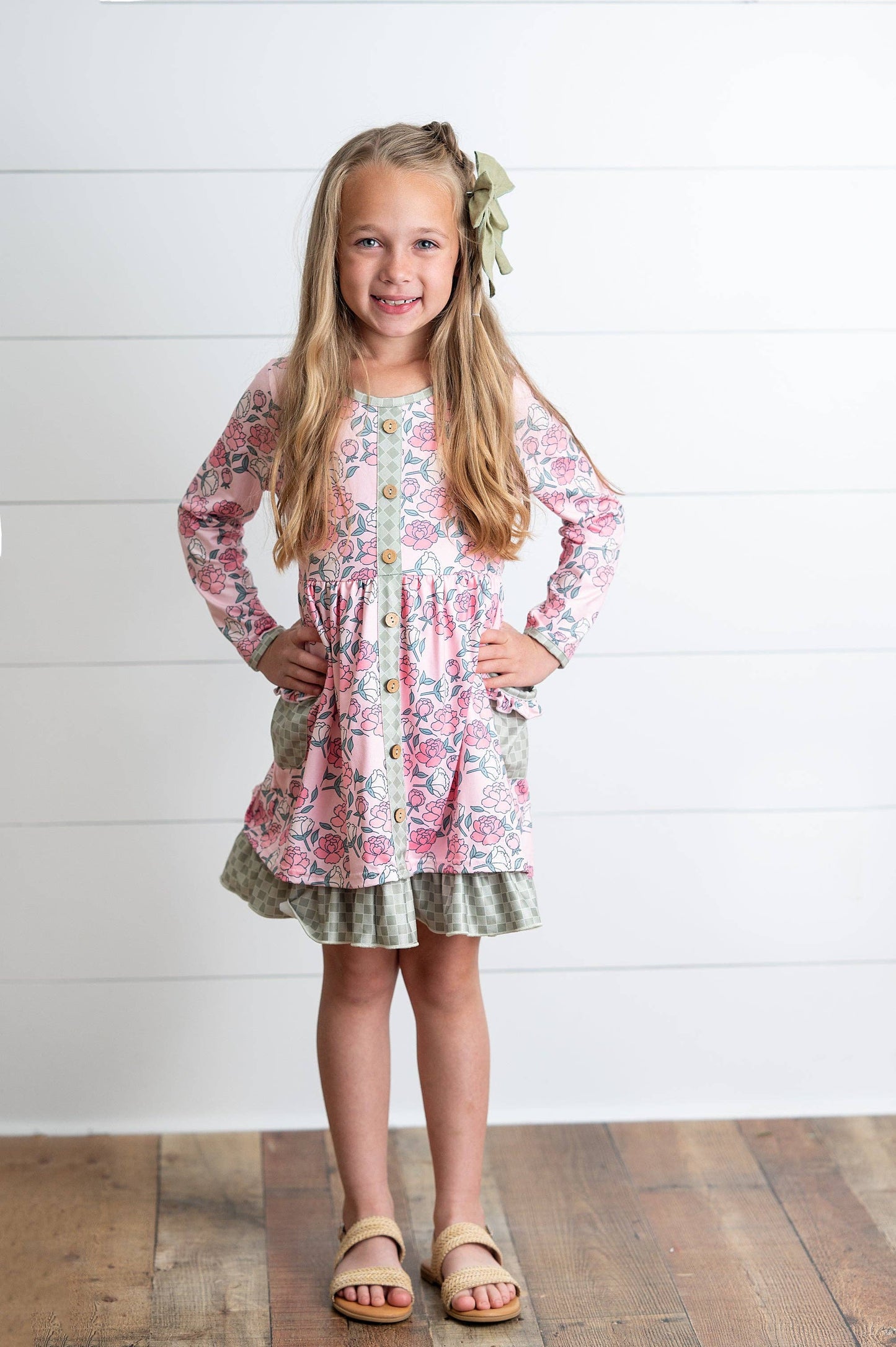 Girls Rose Floral & Sage Check Ruffle Pocket Tie Dress