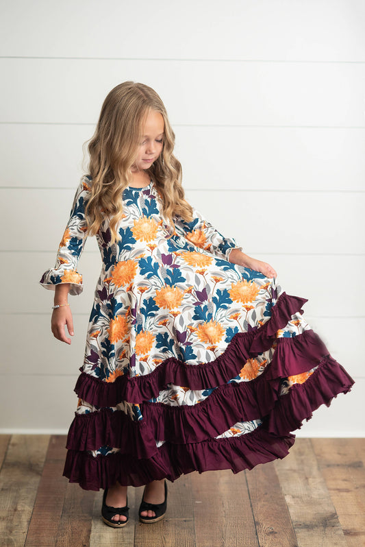 Kids Mustard & Plum Long Sleeve Ruffles Dress