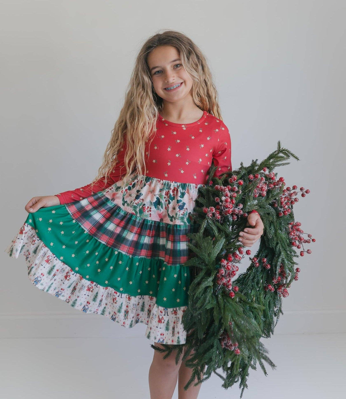 Oopsie Daisy - Girls Avery Long Sleeve Tiered Christmas Holiday Twirl Dress