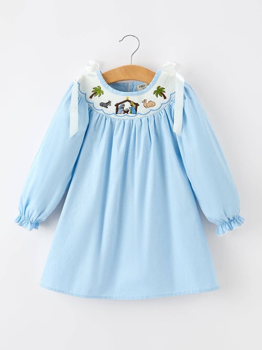 Rylee Faith Designs - Christmas Nativity Smocked Long Sleeve Girls Dress