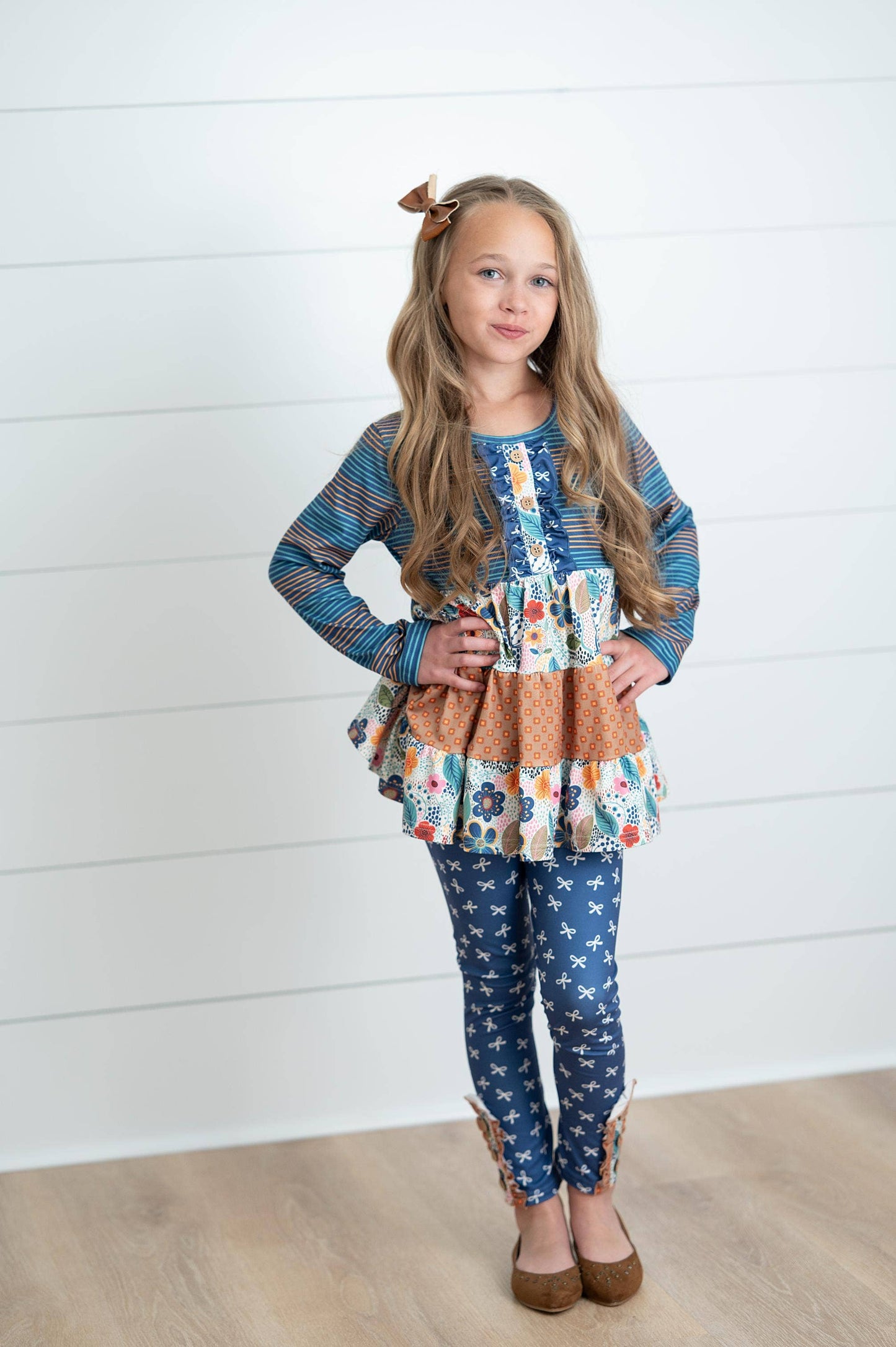 Adorable Sweetness - Girls Fall Blue Midnight Honey Ruffles 3 Tiered Pant Set