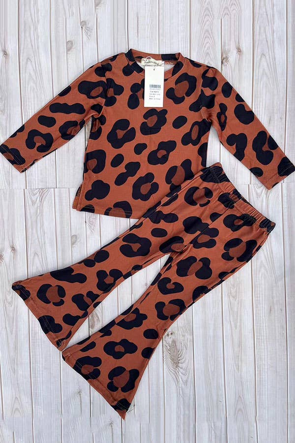 luluclothes - BQ2415 Brown leopard knited 2pc girls clothing sets