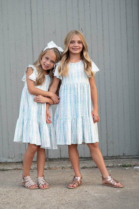 Emmy Dainty Pastel Floral Flutter Sleeve Twirl Dress