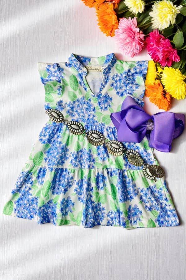 Green & blue floral flutter sleeves girls dress