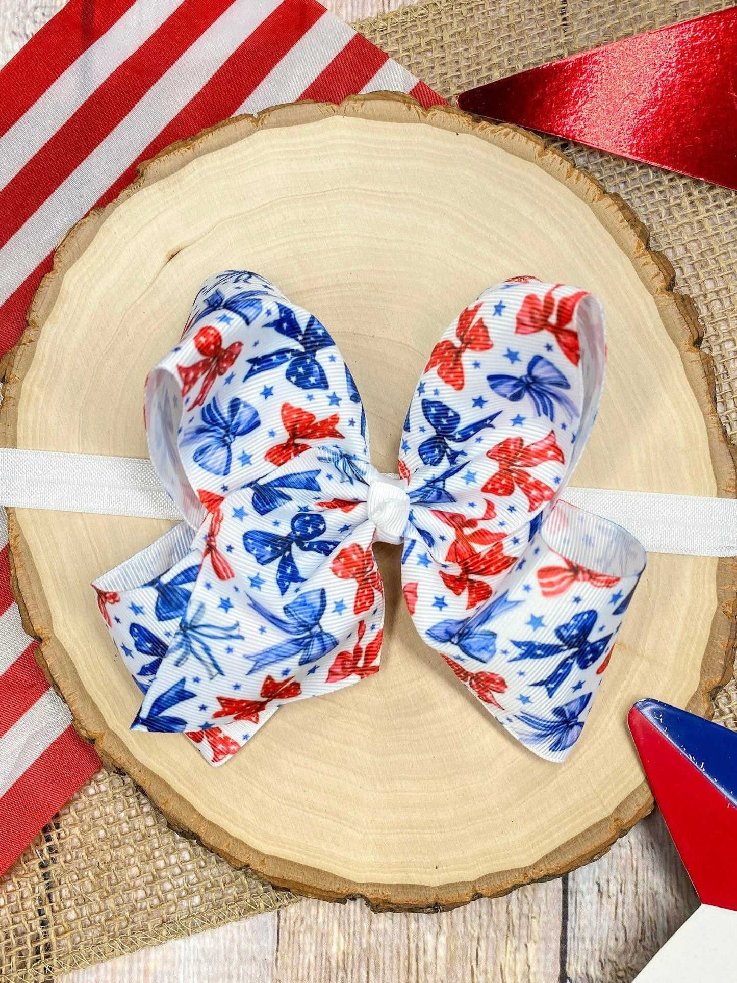 Red White & Blue Bow Print Classic Hair Bow | Clip