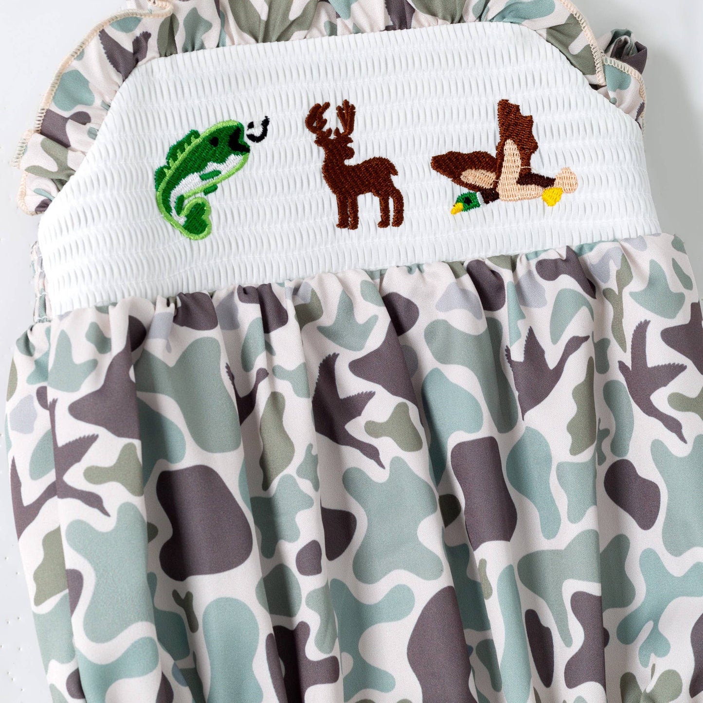 Clover Cottage - Muted Camo Smocked Baby Romper