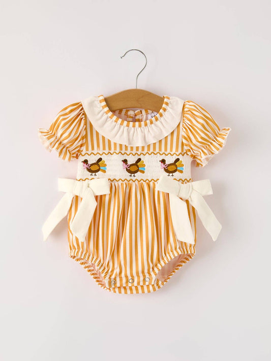 Fall Thanksgiving Chicken Smock Embroidered Orange Stripes Baby Girl Romper