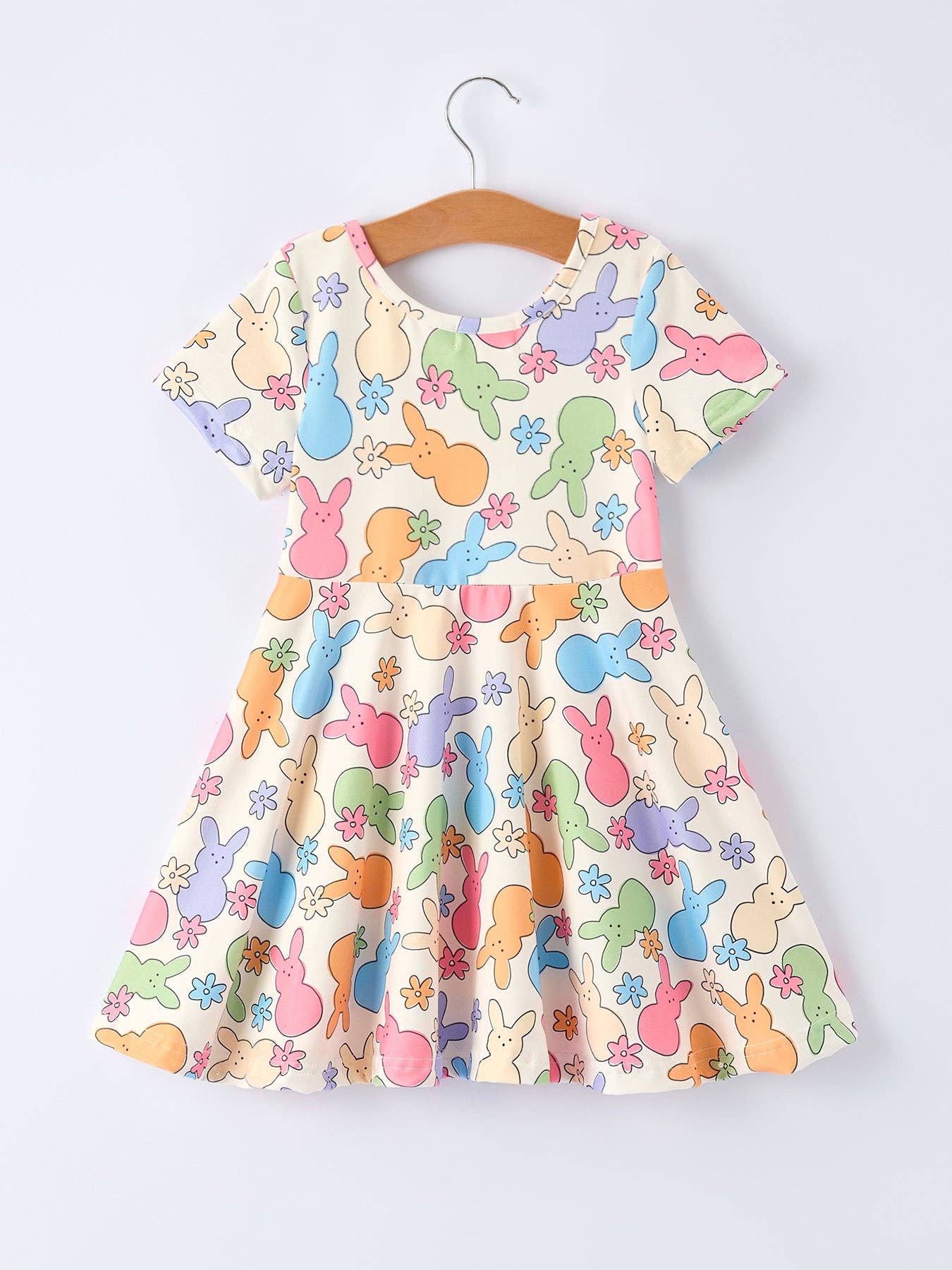 Rylee Faith Designs - Easter Colorful Bunny Girls Twirl Short-sleeved Dress