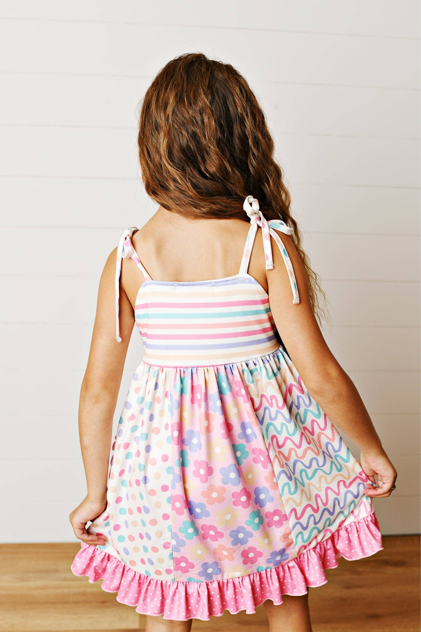 Girls Pink Blue Summer Floral Panel Tie Dress