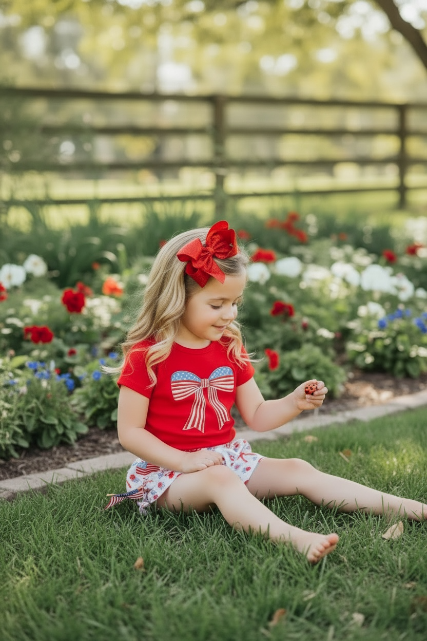 Embroidered Patriotic applique ted t-shirt and shorts.