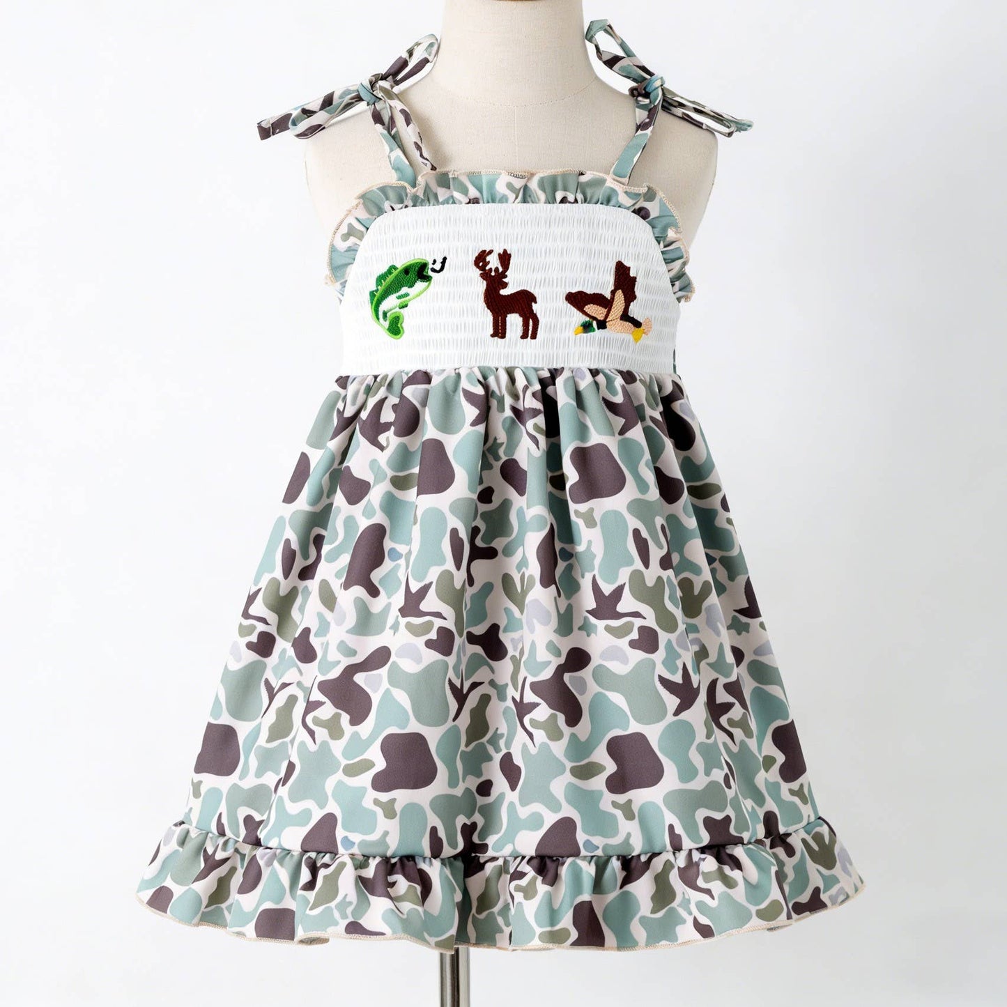 Clover Cottage - Muted Camo Smocked Girls Dress