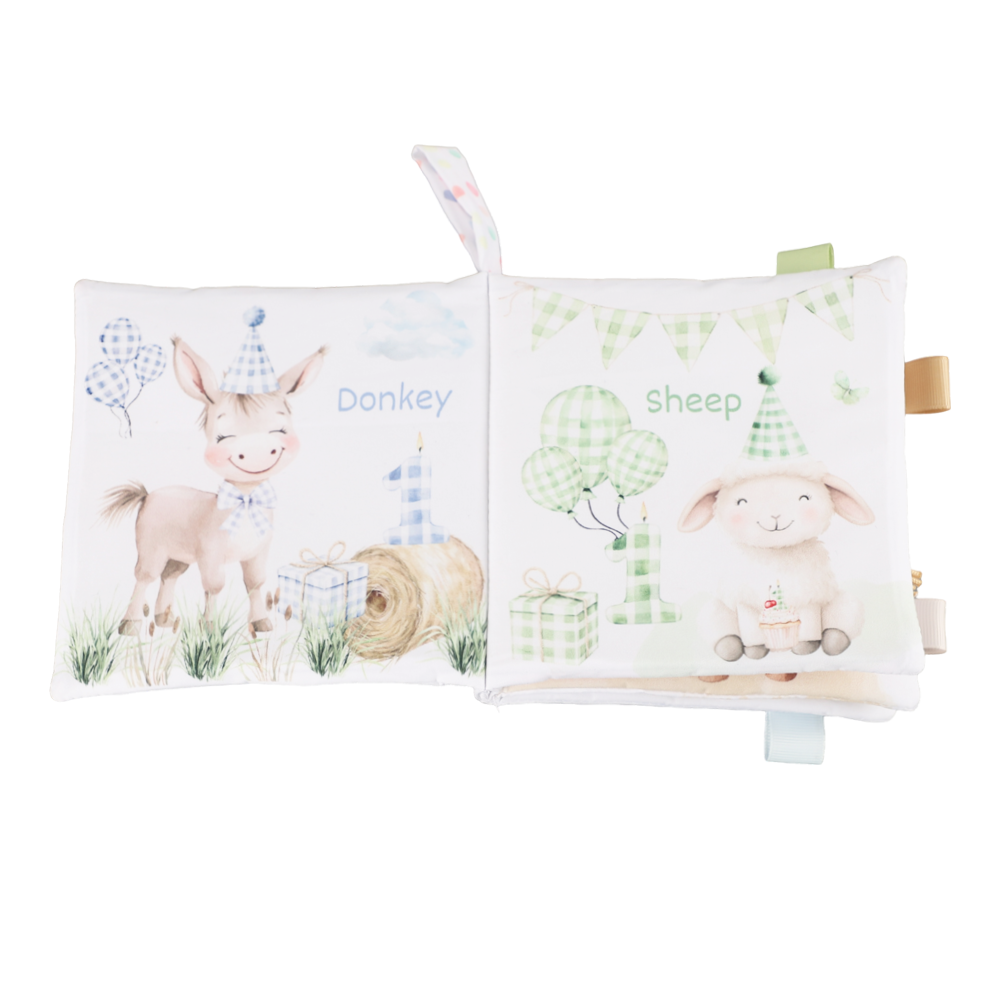 Ali+Oli - Birthday on the Farm10-Page Crinkle Soft Cloth Baby Book