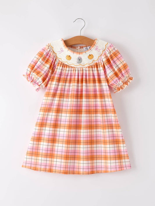 Rylee Faith Designs - Halloween Pumpkin Bow Ghost Smock Embroidered Plaid Girls Dress