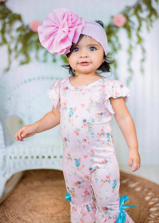 Peach Little Floral Ruffle Leg Romper