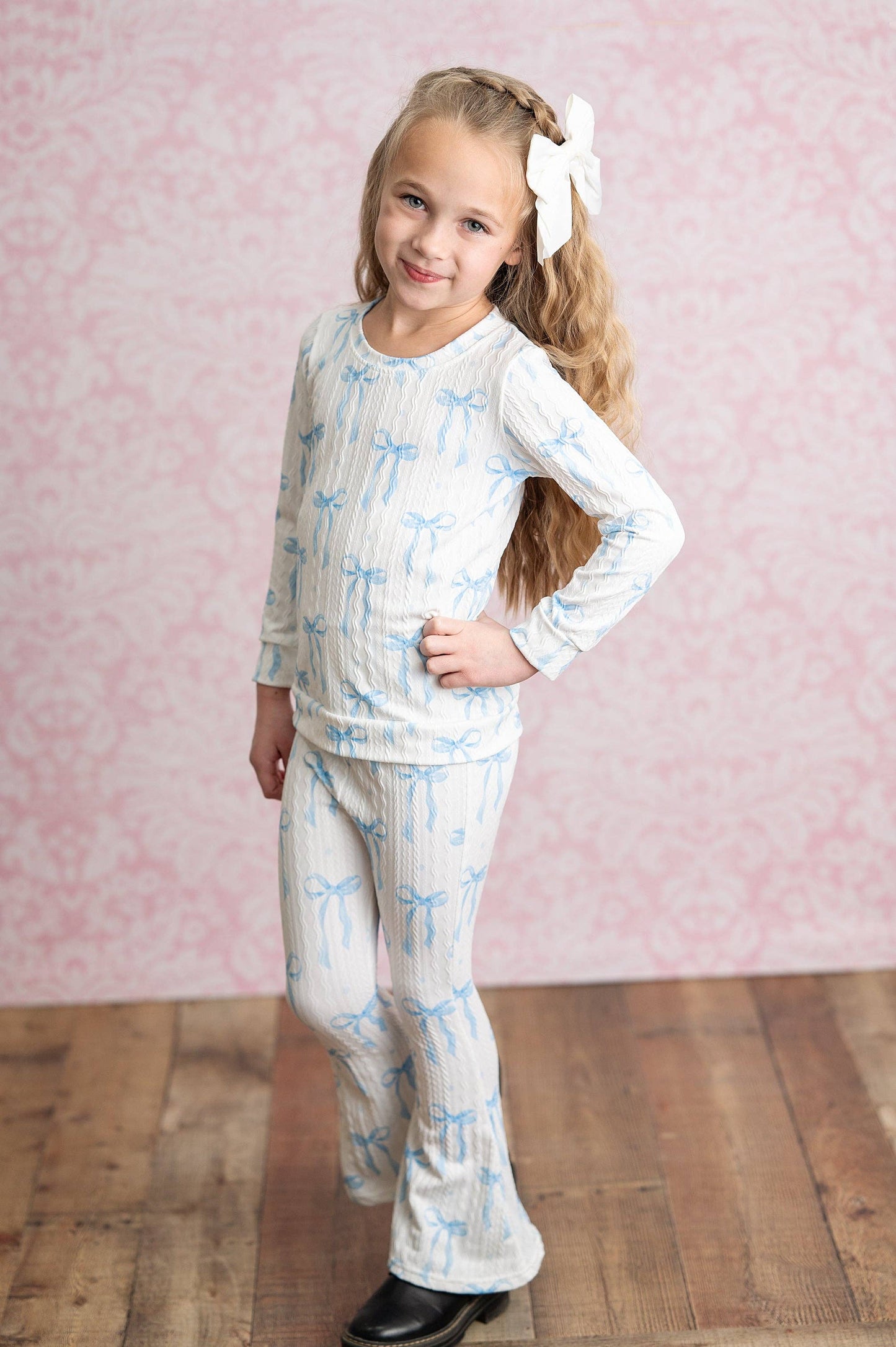 Adorable Sweetness - Girls Coquette Blue Bow Cable Knit Flare bottom Set