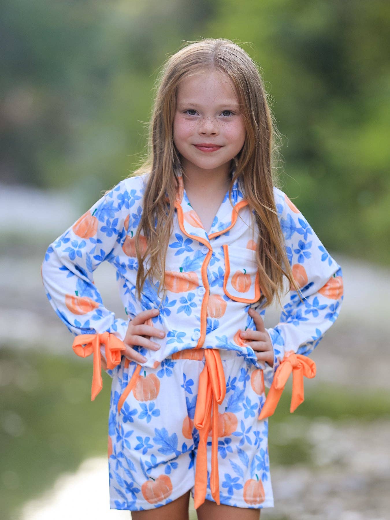 Rylee Faith Designs - Thanksgiving Day Pumpkin Floral Print Girls Pajamas Set
