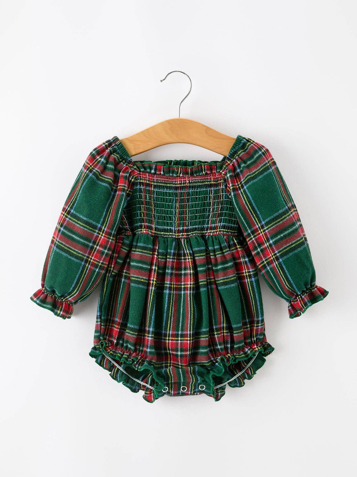 Rylee Faith Designs - Christmas Plaid Smocked Baby Girl Bubble Romper Ruffle Detail