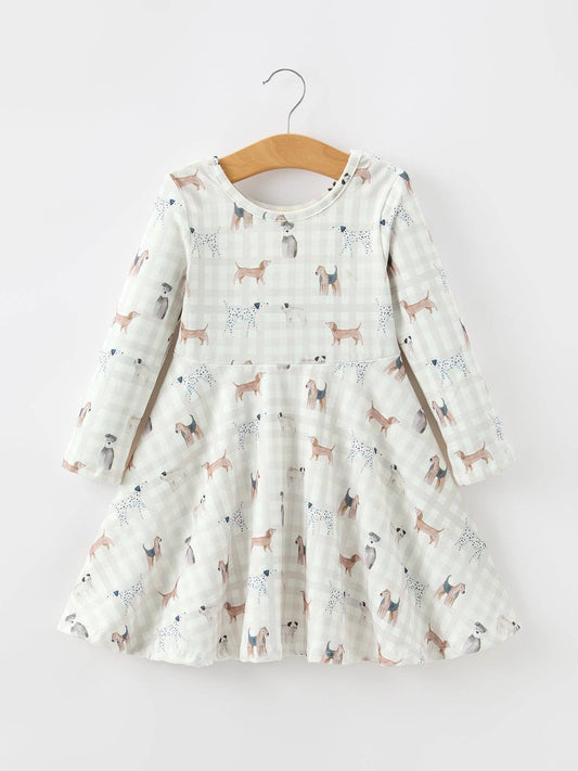 Rylee Faith Designs - Fall Plaid Dog Print Girls Long Sleeve Twirl Dress