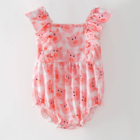 Pink Pig Gingham Bubble Romper | Baby Farm Animal Onesie