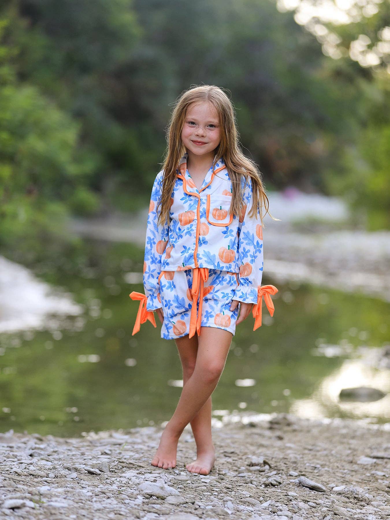 Rylee Faith Designs - Thanksgiving Day Pumpkin Floral Print Girls Pajamas Set
