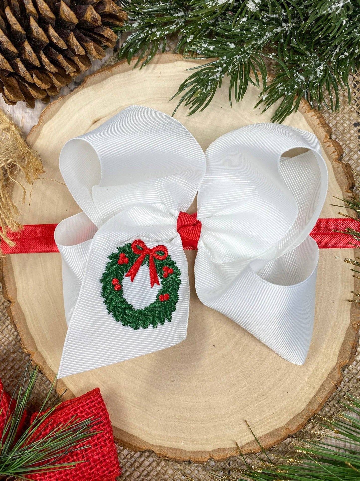 Wreath Embroidered Hair Bow | Christmas Hair Bow | Clip or Headband