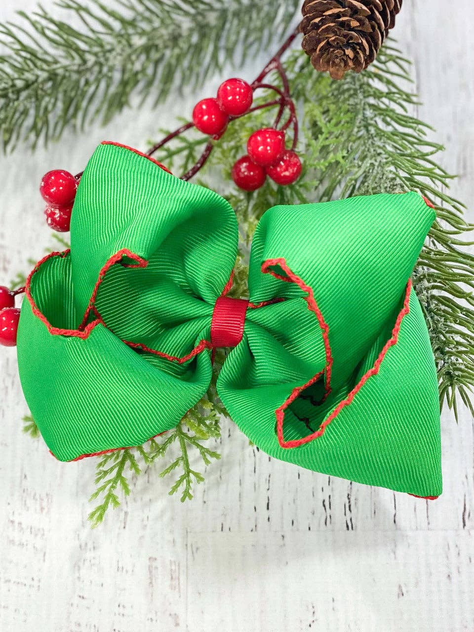 Emerald Green with Red Moonstitch Hair Bow