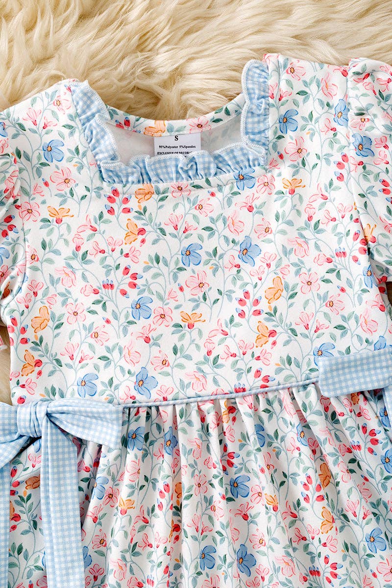 Blue & Coral Ditsy floral dress w/square neckline & side bows