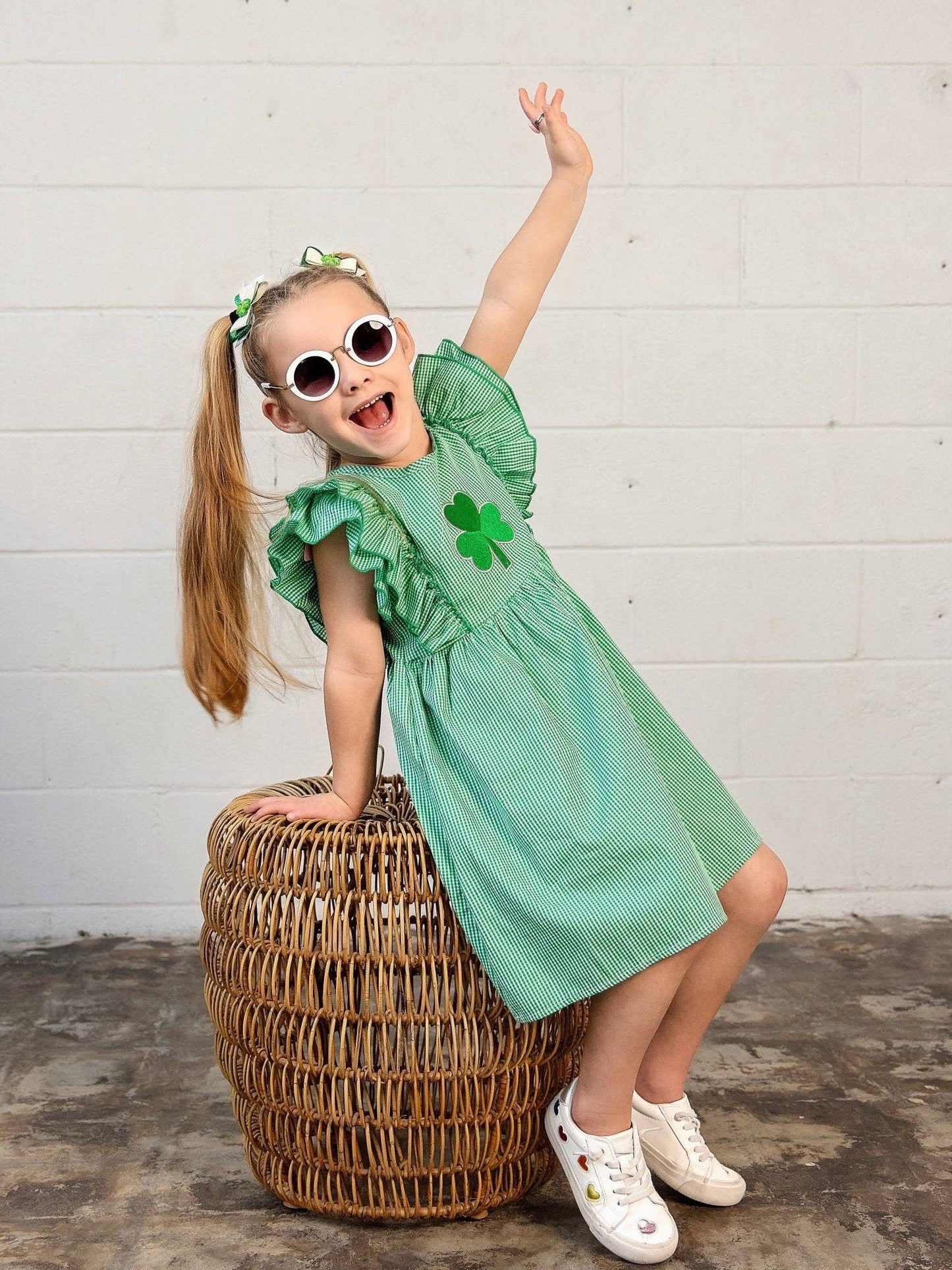 Embroidered Clover Green Gingham Dress