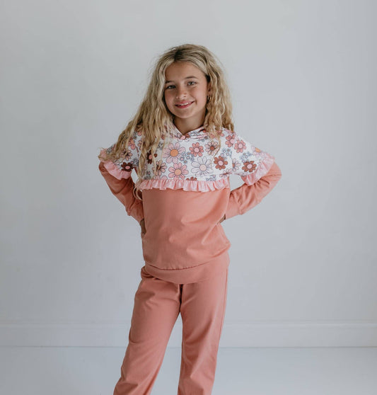 Girls Desert Tan Retro Flower Ruffle Hoodie Lounge Set