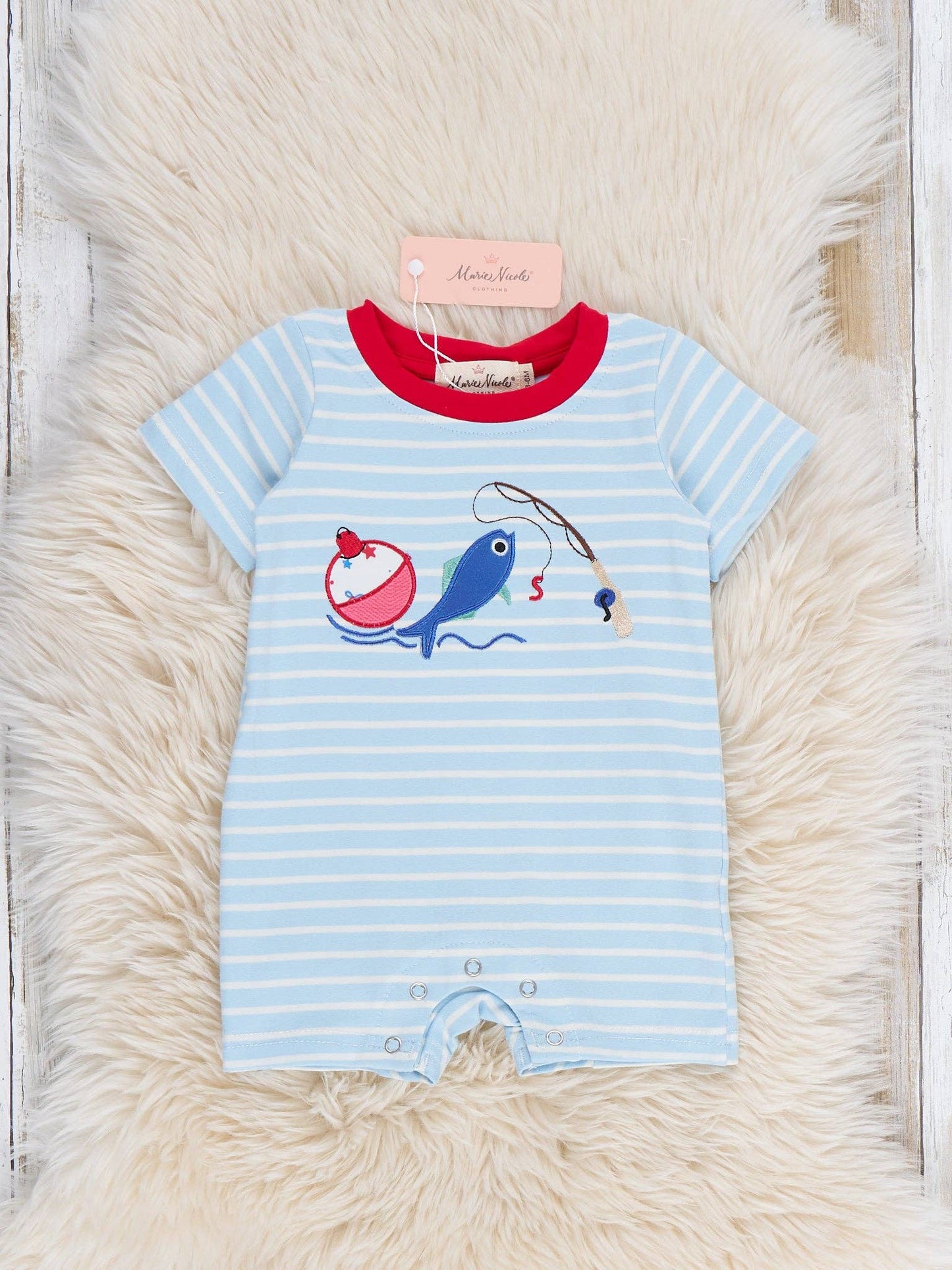 Fishing Fun Embroidered Striped Cotton Romper
