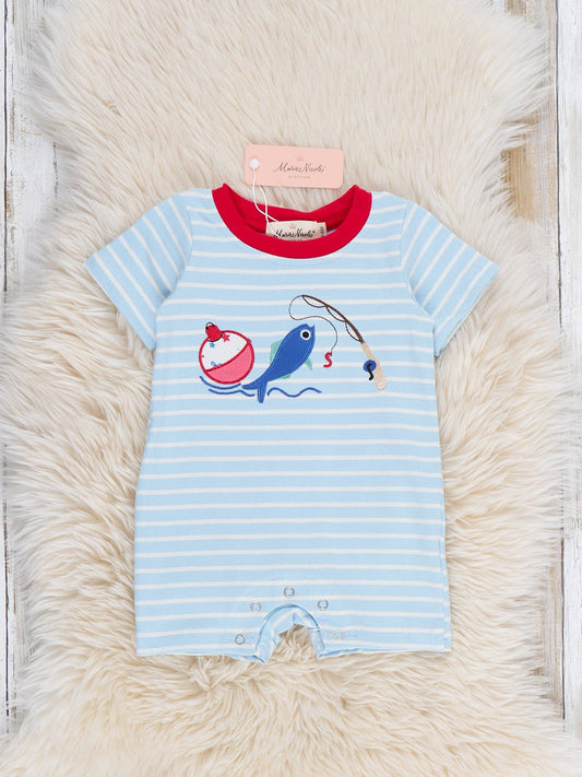 Fishing Fun Embroidered Striped Cotton Romper