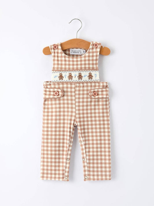 Christmas Vintage-Style Plaid Embroidered Gingerbread and Bows Boy Romper