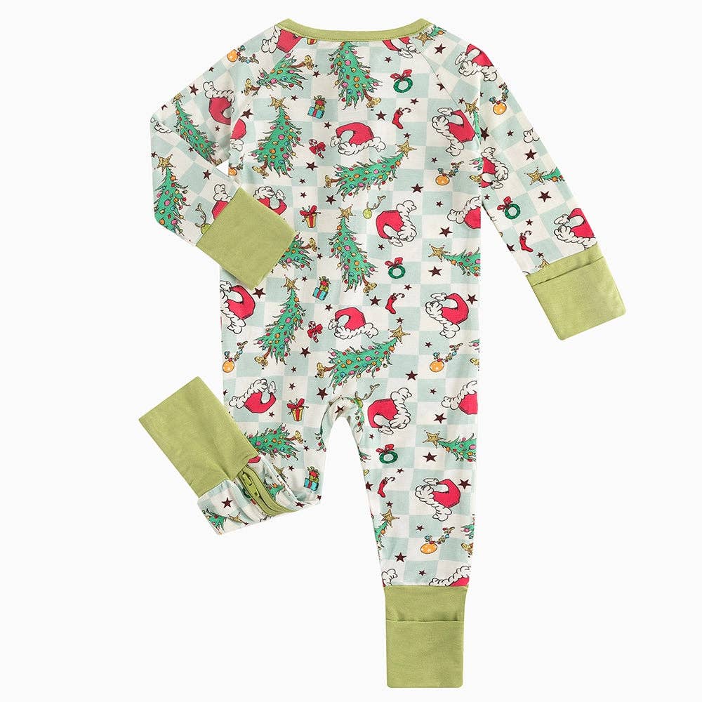 FancyPrince - Christmas Tree Santa Hat Green Plaid Baby Bamboo Zipper Romper