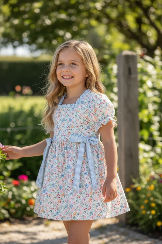 Blue & Coral Ditsy floral dress w/square neckline & side bows