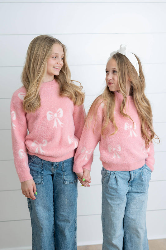 Adorable Sweetness - Girls Fall Winter Pink and White Bow Sweater