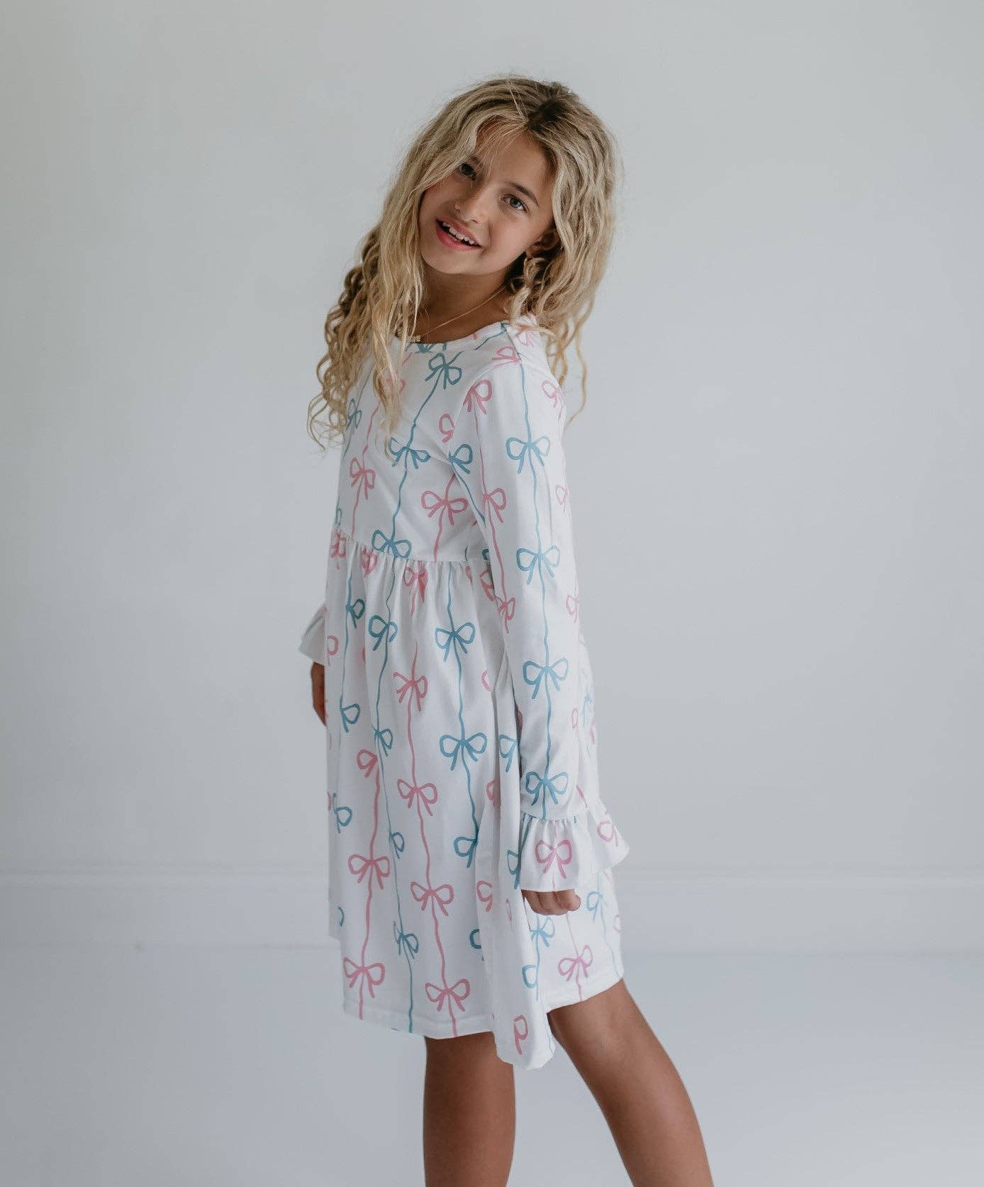 Girls Claire Coquette Pink & Blue Bow Winter Twirl Dress
