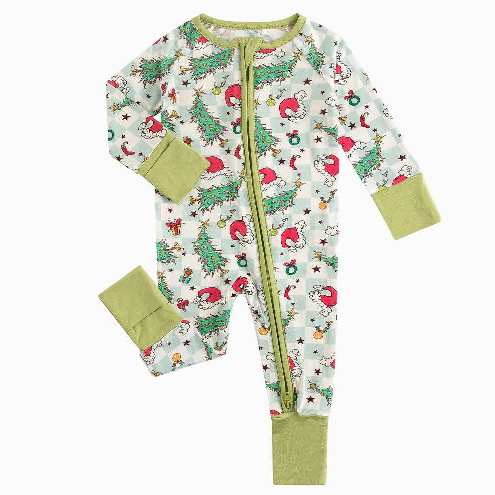 FancyPrince - Christmas Tree Santa Hat Green Plaid Baby Bamboo Zipper Romper