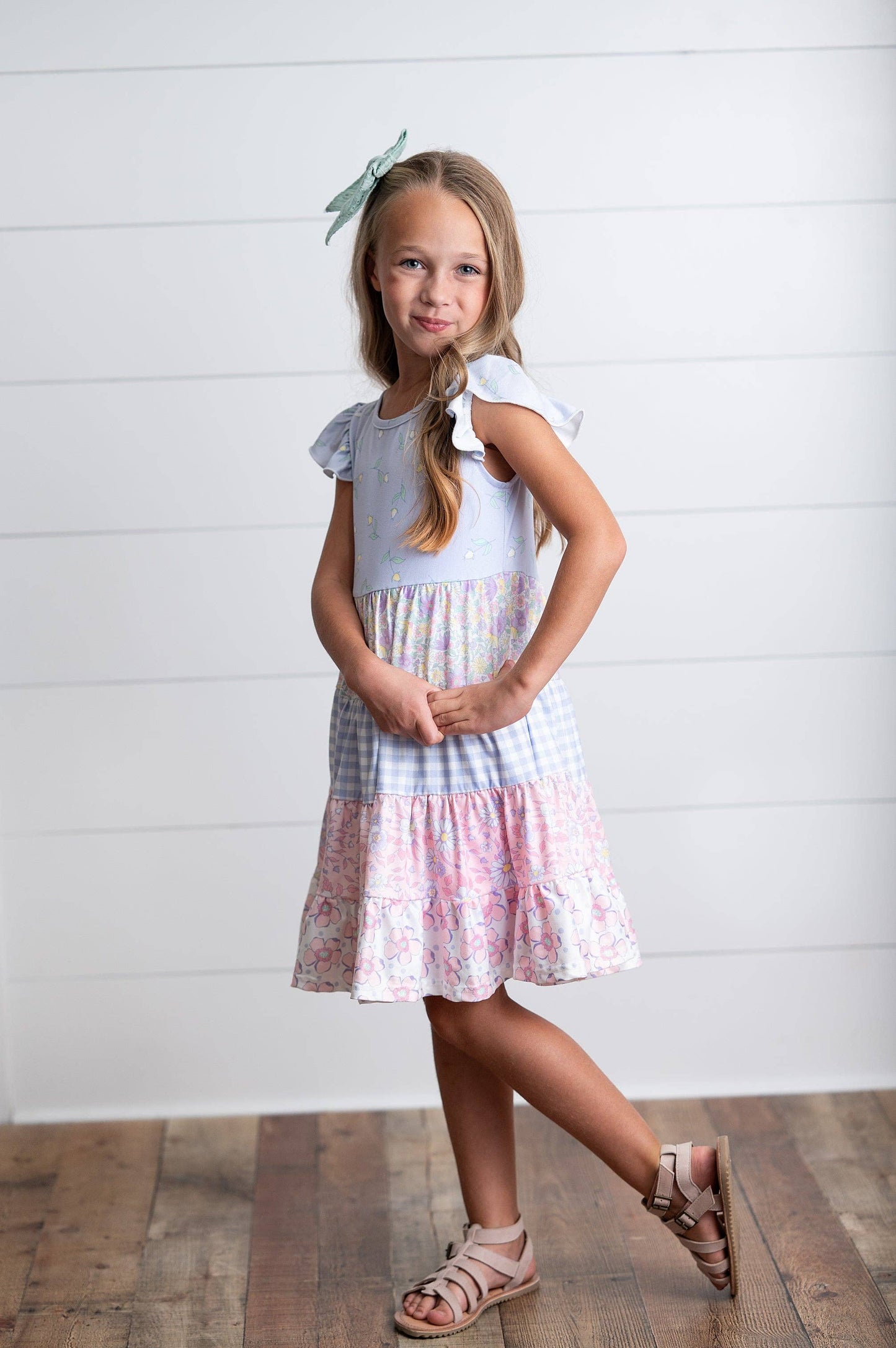 Girls Ava Twirl Lavender Floral Check Spring Tiered Dress