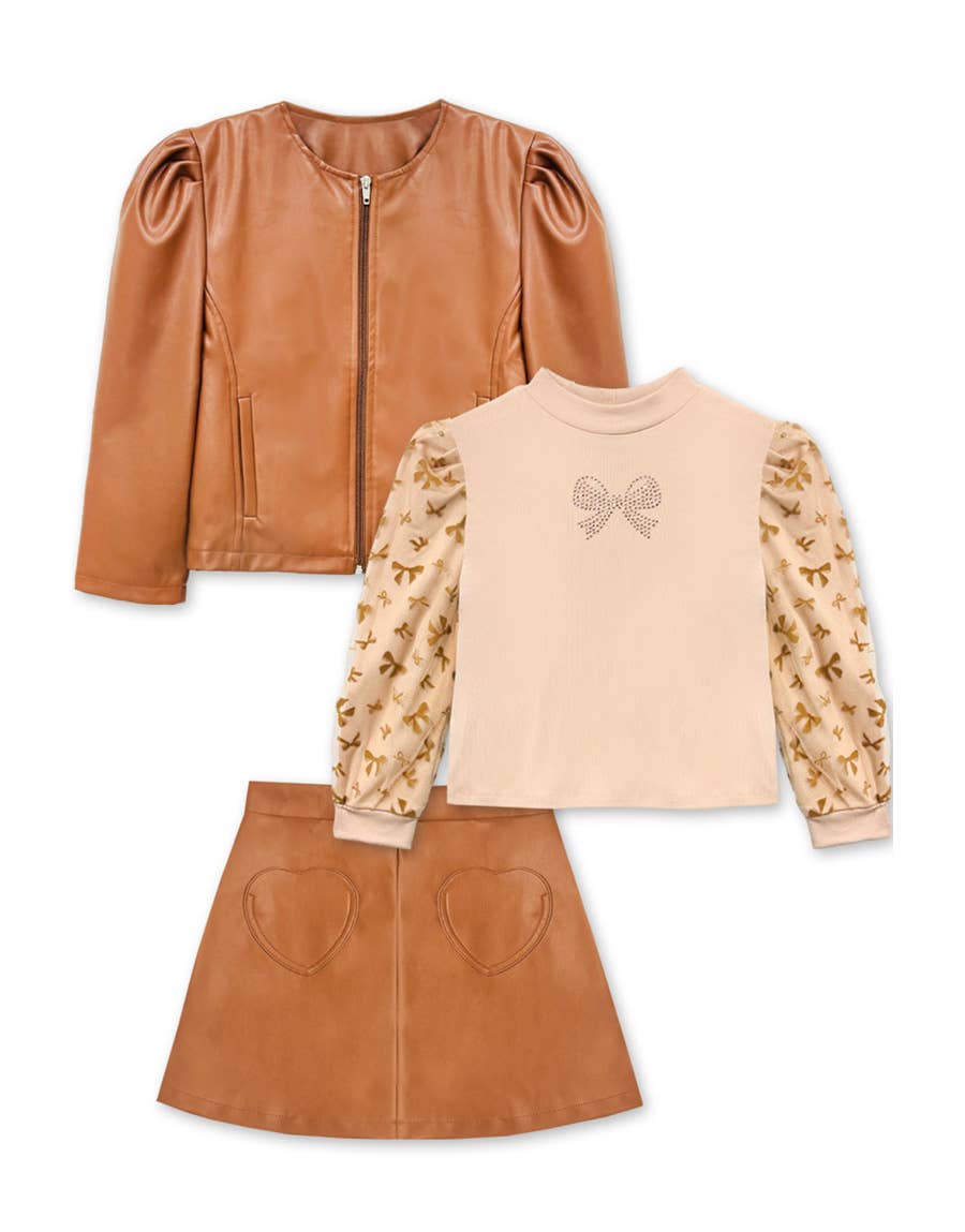 Girl's 3pc Pleather Jacket & Skirt Set