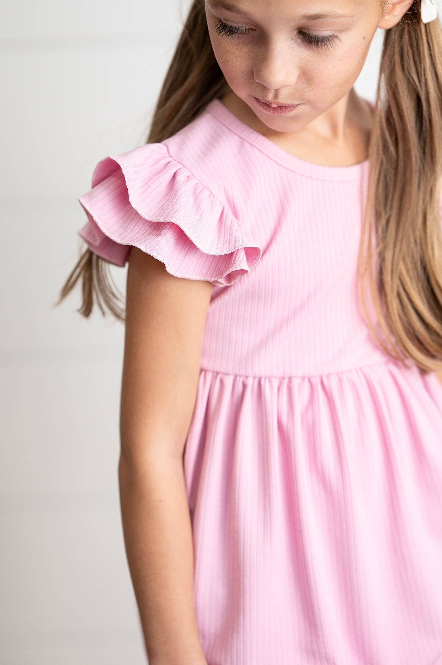 Kids Light Pink Ribbed Double Ruffle Flutter Sleeve Shirt