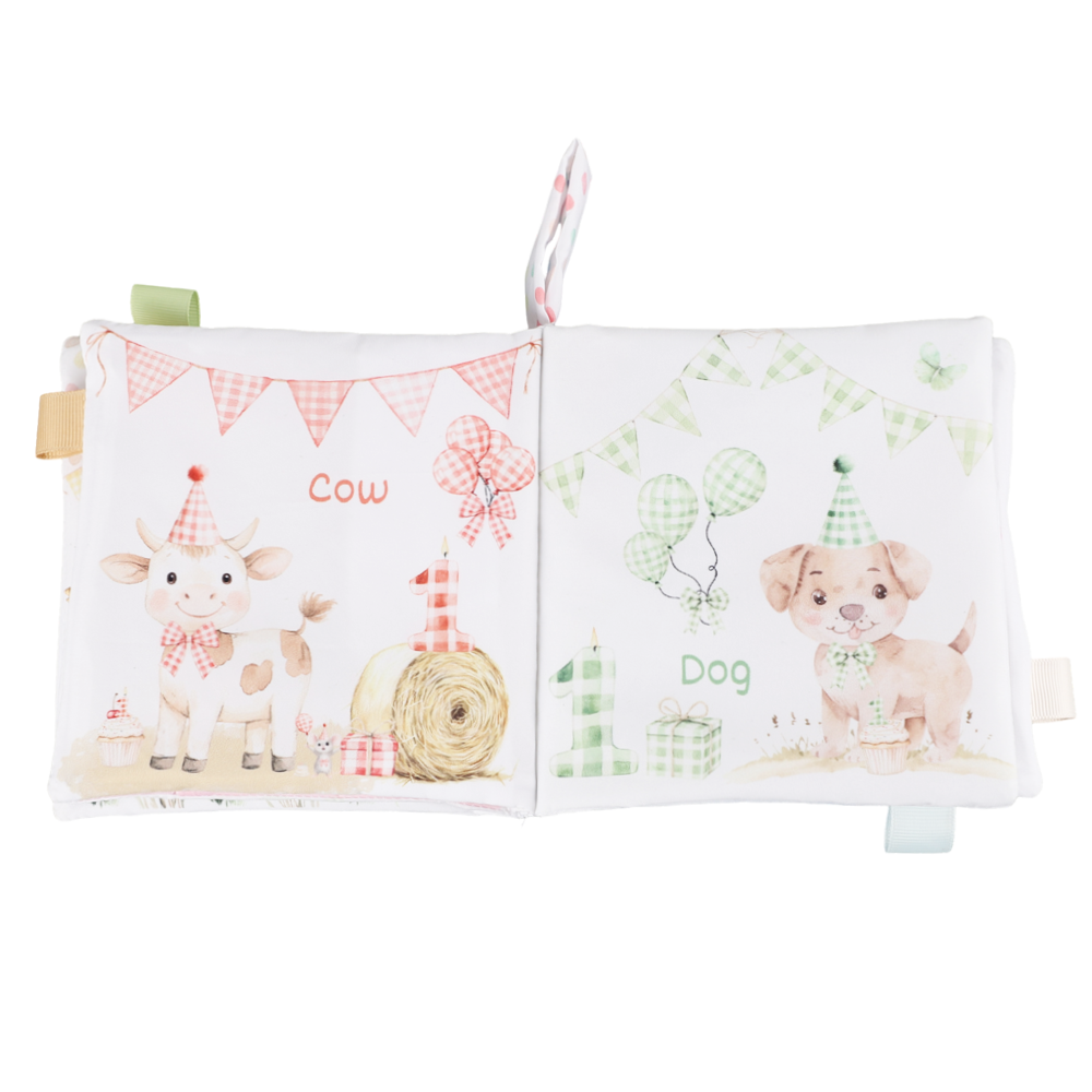 Ali+Oli - Birthday on the Farm10-Page Crinkle Soft Cloth Baby Book