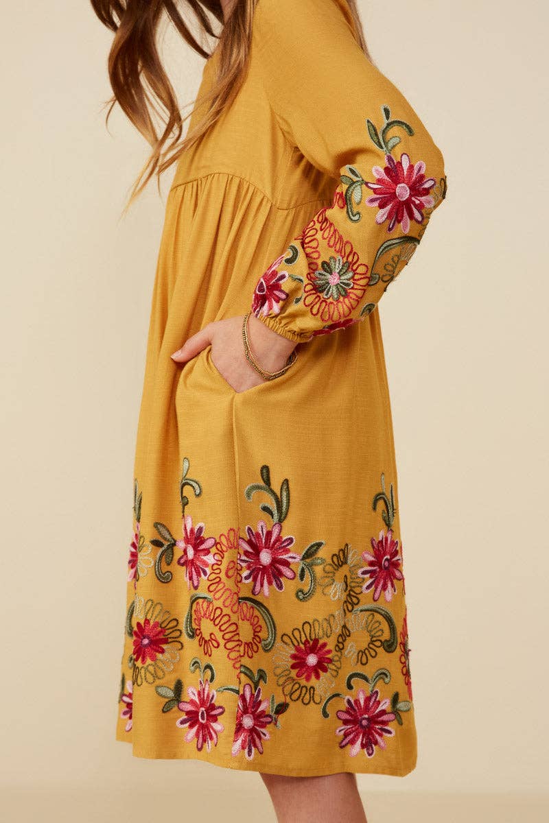 Hayden LA - Girls Embroidered Detail Long Sleeve Scoop Neck Dress