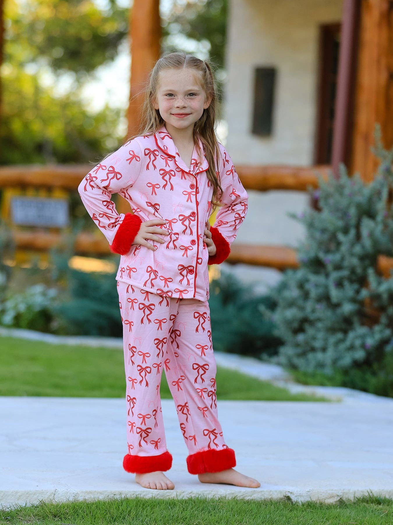 Rylee Faith Designs - Christmas Bow Girls Pajama Set with Furry Trim