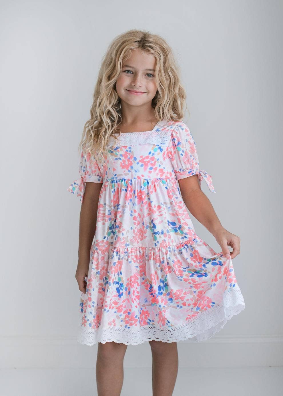 Kids Pink & Blue Lace Tiered Square Neck Spring Summer Dress