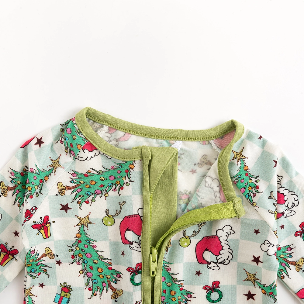 FancyPrince - Christmas Tree Santa Hat Green Plaid Baby Bamboo Zipper Romper
